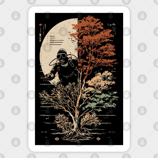 Diver and Tree in Surreal Zen Harmony Sticker by TuncGK